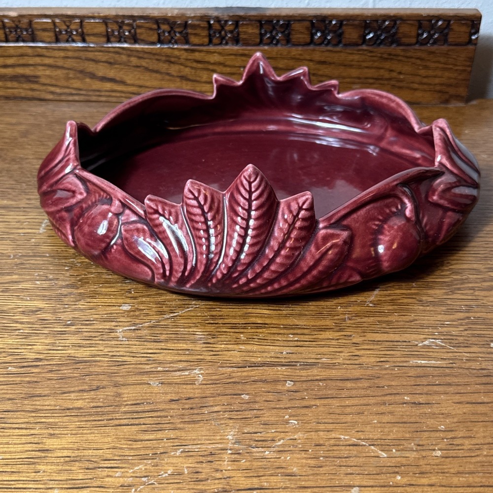 Camark Pottery 143 Burgundy Red Ceramic Leaf Design Centerpiece Bowl 11"